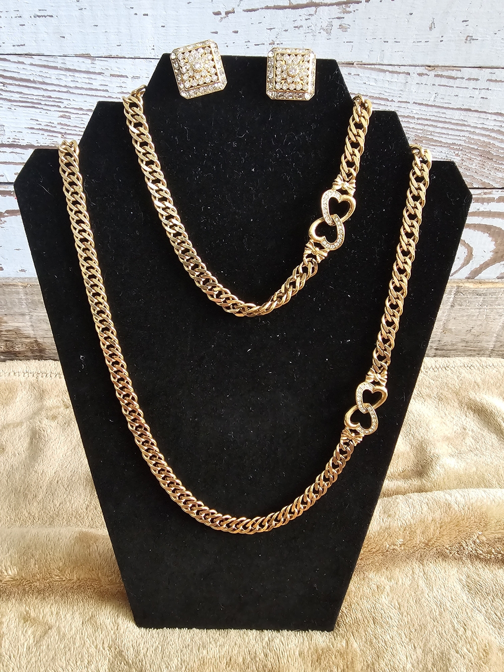 Gold Heart Link Chain Necklace Set - Women Jewelry ( Necklace & Earrings )